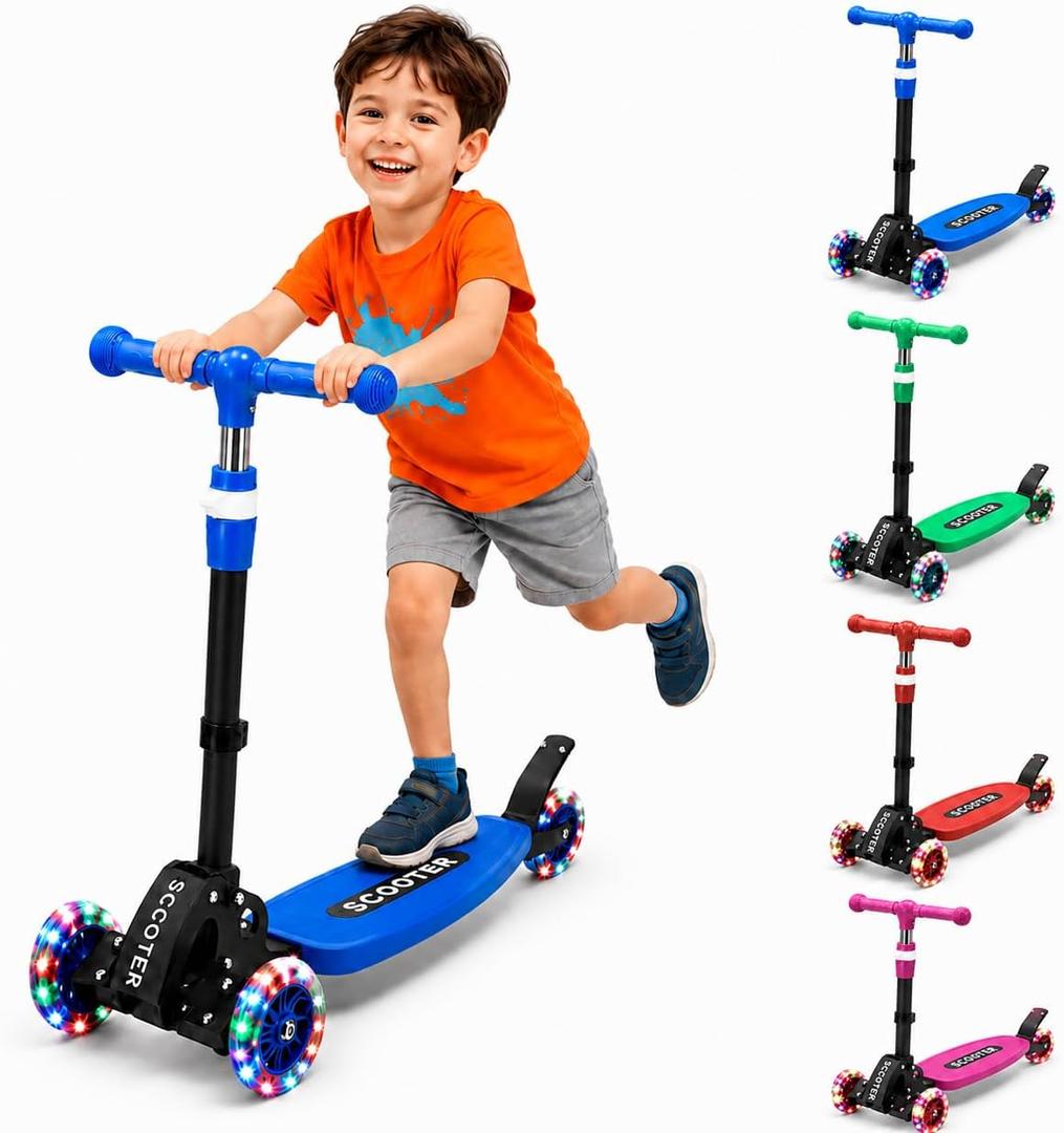 Kids Kick Scooter, Kick Scooter for Kids 2-7 Age, Light up 3 Wheels Kick Scooter, Heavy Duty Folding Lean-to-Steer Scooters with 3 Adjustable Handlebar for Boys Girls Blue3 Wheel Kids Kick Scooter for Ages 312, LeantoSteer, LightUp Wheels, 3Level Adjustable Handlebar 27.5”33”, Wide NonSlip Deck, Dual Rear Brake,Travel Foldable, for Boys & Girls Toy Gifts,Blue