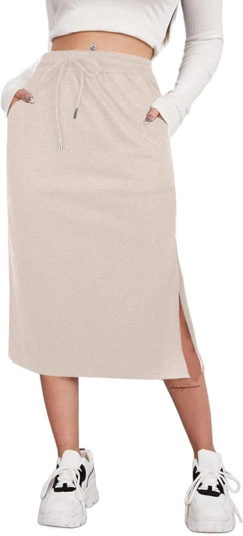 SOFIA'S CHOICE Midi Skirts for Women Drawstring High Waist Split Slit Skirt with Pockets Light Khaki Large (Beige, Large)