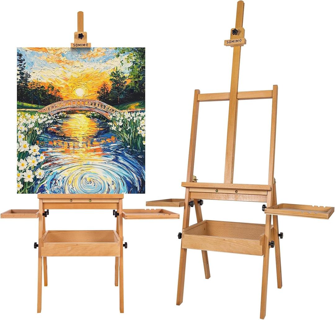 Large Wooden H-Frame Studio Easel with Storage Drawer and Palettes, Solid Beechwood Painting Easel for Students, Beginners, and Artists, Hold Canvas to 36Inches High, 19x19x38 inches