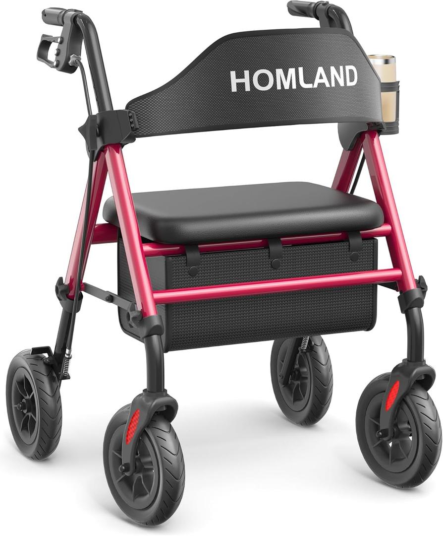 Walkers for Seniors with Seat, Foldable Rollator Walker, Reinforced Aluminum Frame, 8" Big Rubber Wheels for All Terrain, Height Adjustable Lightweight Rolling Walker (400 Pound, Red)
