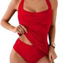 Eomenie Womens Halter Tankini Bathing Suit Ruched Tummy Control Two Piece Swimsuit with Bottom Red, Size: XL