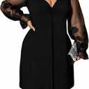 Women's Plus Size Short Dress Scallop Trim V Neck Long Sleeve Flowy A Line Party Dresses XL