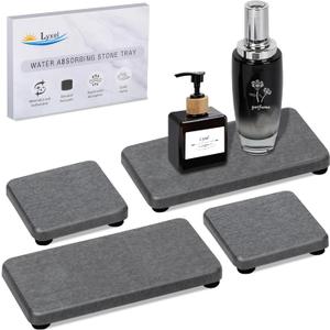 4PCS Water Absorbing Stone Tray for Sink, Fast Drying Stone Sink Tray, Water Absorbent Diatomite Trays, Stones Soap Diatomaceous Coaster, Stones Drying Trays for Bathroom Sinks and Kitchen Counter (Dark Gray)