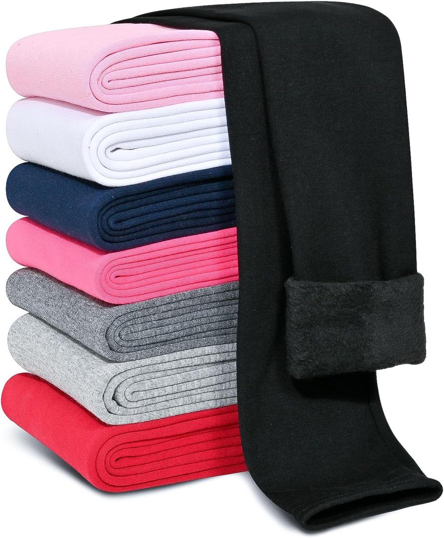 Kiiavoro Girls Fleece Lined Leggings Cotton Kids Winter Warm Leggings Thick Thermal Tights Pants 1 Pack, Black, Pink, Rose Red 7-8Y