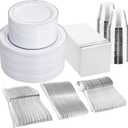 GATHER 700PCS Silver Plastic Plates - Silver Plate Set 100Guest - Disposable Dinnerware Sets 100Silver Rim Dinner Plates 100Silver Dessert Plate 100Paper Napkins&Cups&silver Plastic Silverware Set