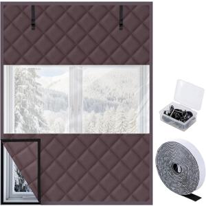 3 Layer 63 x 47 Inch Visible Winter Insulated Window Cover,Oxford Thermal Insulated Window Blanket with Fastener,Brownish Red Window Insulation Kit for Winterizing Keeping Home Warm