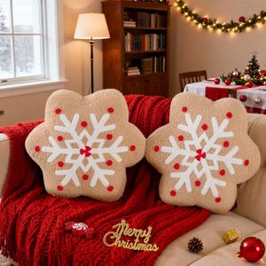 Lanpn Christmas Gingerbread Snowflake Pillows Set of 2, Christmas Decoration Winter Throw Pillows Soft 3D Shaped Ginger Bread Snow Flake Throw Cushion for Sofa Bedroom Xmas Decor (15x15 inch)