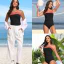 Daci Bandeau Tankini Swimsuits for Women - Two Piece Ruched Tummy Control Bathing Suit Strapless Swimwear with Bottom (Black, L)