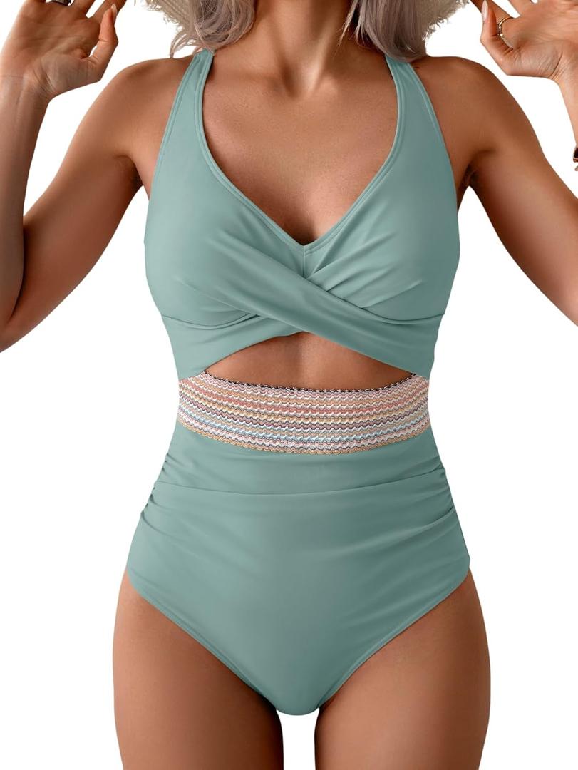 B2prity One Piece Swimsuit for Women Tummy Control V Neck Bathing Suit Color Block High Waisted Cutout Swimwear (Large, Light Green)
