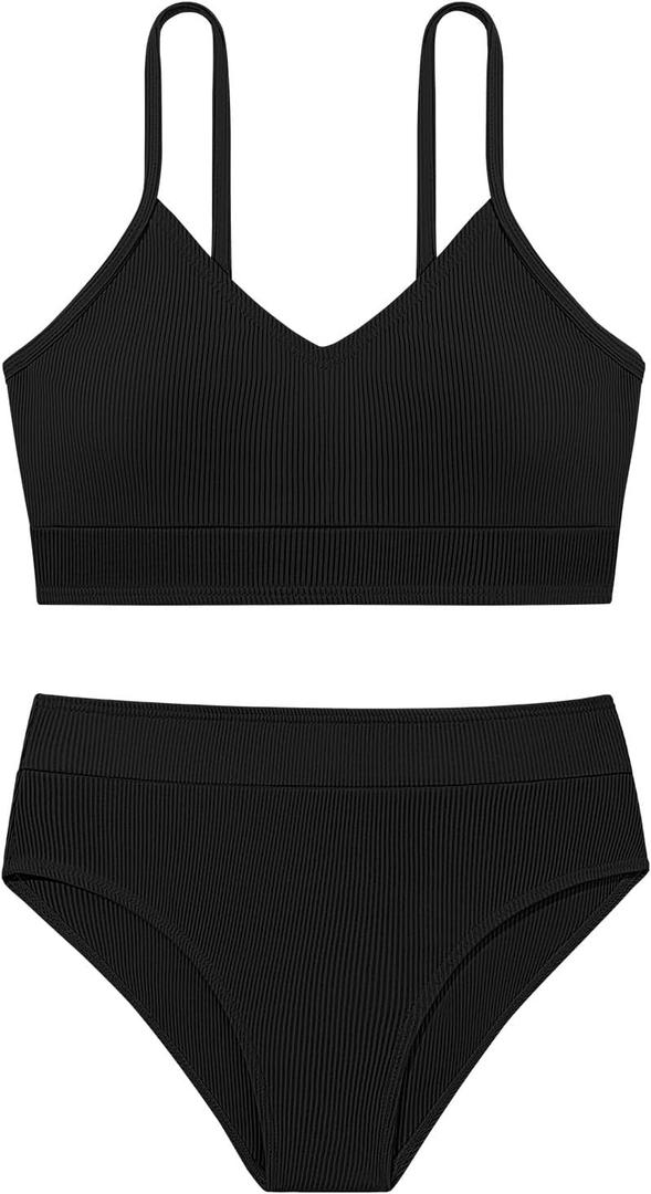 Girls Swimsuits Adjustable Straps V Neck Ribbed Bikini Set Teen Girl Swimming Bathing Suit 2 Pieces Swimwear (13-14 Years, Black)
