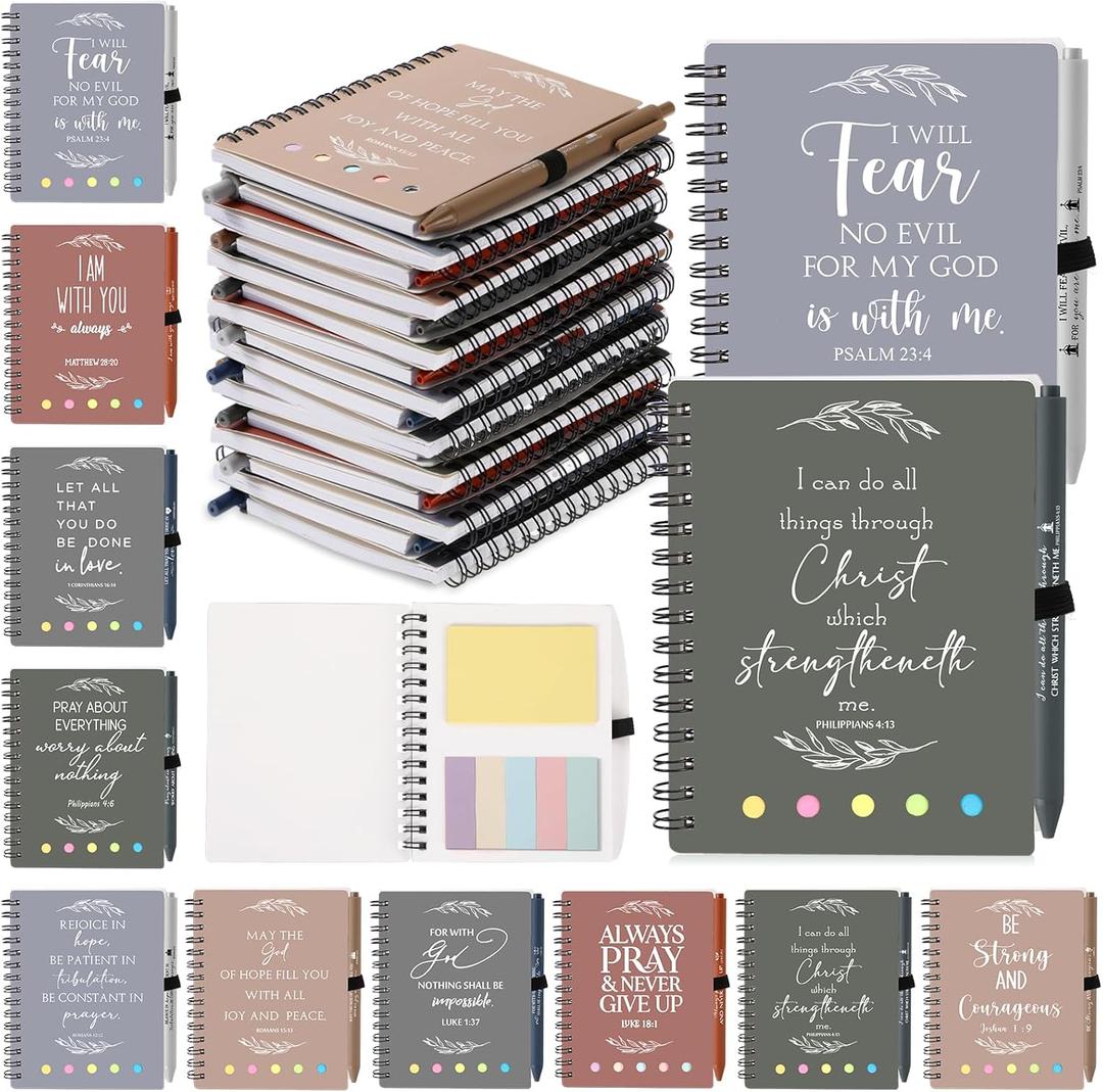 Kosiz 100 Pcs/50 Set Easter Christian Gift Bulk Spiral Religious Notebook with Sticky Notes Bible Verse Pens Notepads Religious Church Gift Church Holy Week Employee Teacher Volunteer (Netural Color)
