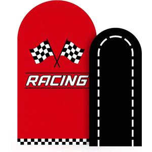 Tranqun 2 Sets Racing Car Arch Backdrop Covers 6/7.2ft | Red Black White Checkered Arch Cover, Happy Birthday Backdrop for Birthday Party Baby Shower, Photography Studio Props, 6 x 2.6FT and 7.3 x 4FT