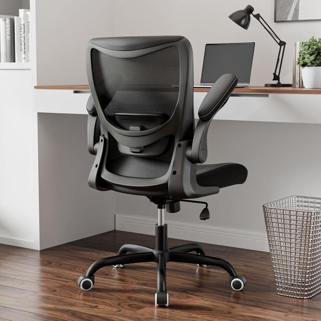 Office Chair, PU Leather Ergonomic Desk Chair with Adjustable Lumbar Support and Flip up Armrest, Breathable Mesh Computer Chair for Home Office, Black