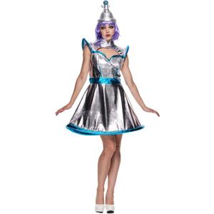 EraSpooky Women's Sexy Space Alien Costume Vintage Adult Shiny Metallic Robot Dress with Hat