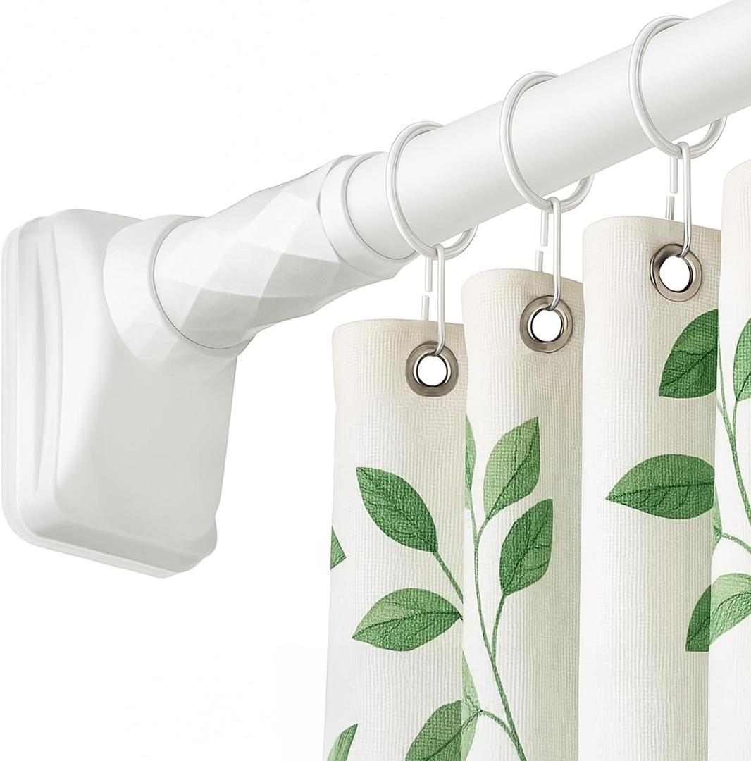 Shower Curtain Rod (27-47 Inch) Spring Loaded curtain rod, No-Drill, Non-Slip, Stainless Steel & Rust-Resistant Telescopic Pressure Mounted Curtain Rods for Bathroom, Window, Closet, Bedroom. (White)