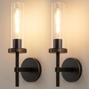 15" Knurled Brass Wall Sconces Set of 2, Black Gold Bathroom Vanity Light Fixtures with Clear Glass Tube, Modern Lamp Lighting for Bedroom, Living Room, Hallway, Staircase, Mirror, Kitchen