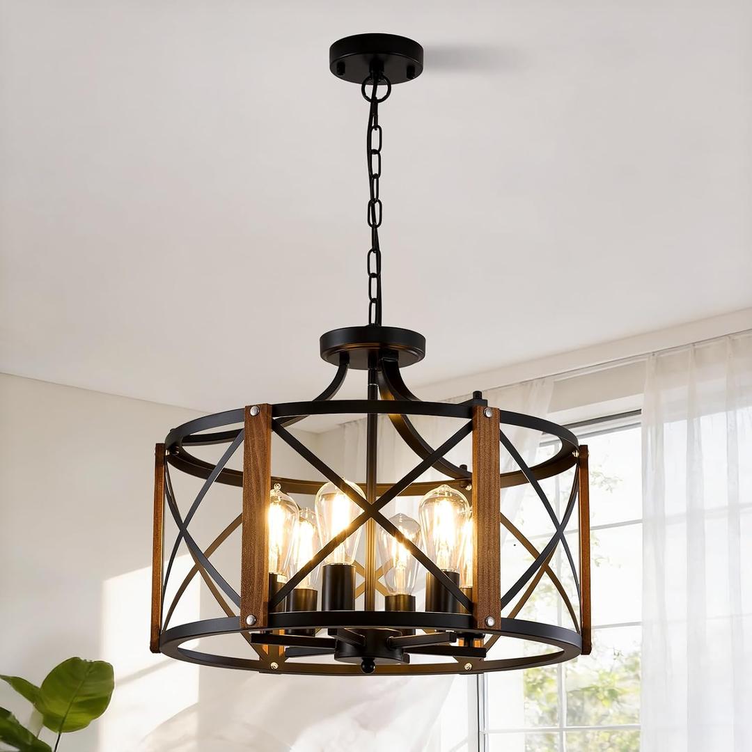 Farmhouse Hanging Pendant Light, 6-Light Kitchen Chandelier with Metal and Wood Frame, Rustic Cylindrical Ceiling Lamp for Dining Room, 59 Inch Adjustable Chain for Flat and Sloped Ceiling, E26