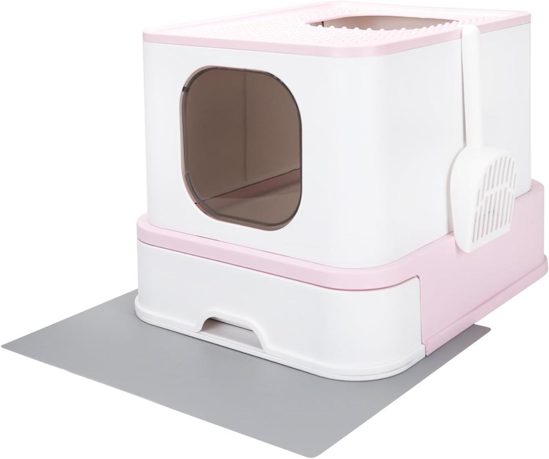 RIZZARI Enclosed Cat Litter Box with Lid, Large Foldable Litter Box with Litter Scoop, Top Entry Cat Toilet for Kittens and Big Cats (Pink,Stainless Steel, Large)