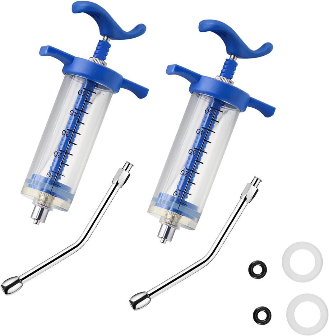 2Pcs Reusable Goats Syringe, 2 Drench Nozzle Adjustable Dosage Drench Gun Syringe for Bird, Cattle, Sheep, Goats, Horse, Pig, Dog Supplies, Pet Water Filler Tool (M-50ML)