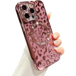 ZONRW for iPhone 14 Pro Max Case Magnetic,Soft Cute Luxury Leopard Cheetah Pattern Plating Glitter Bling Phone Case Compatible with MagSafe Clear Shockproof Back Cover for Women Girl 6.7"-Pink