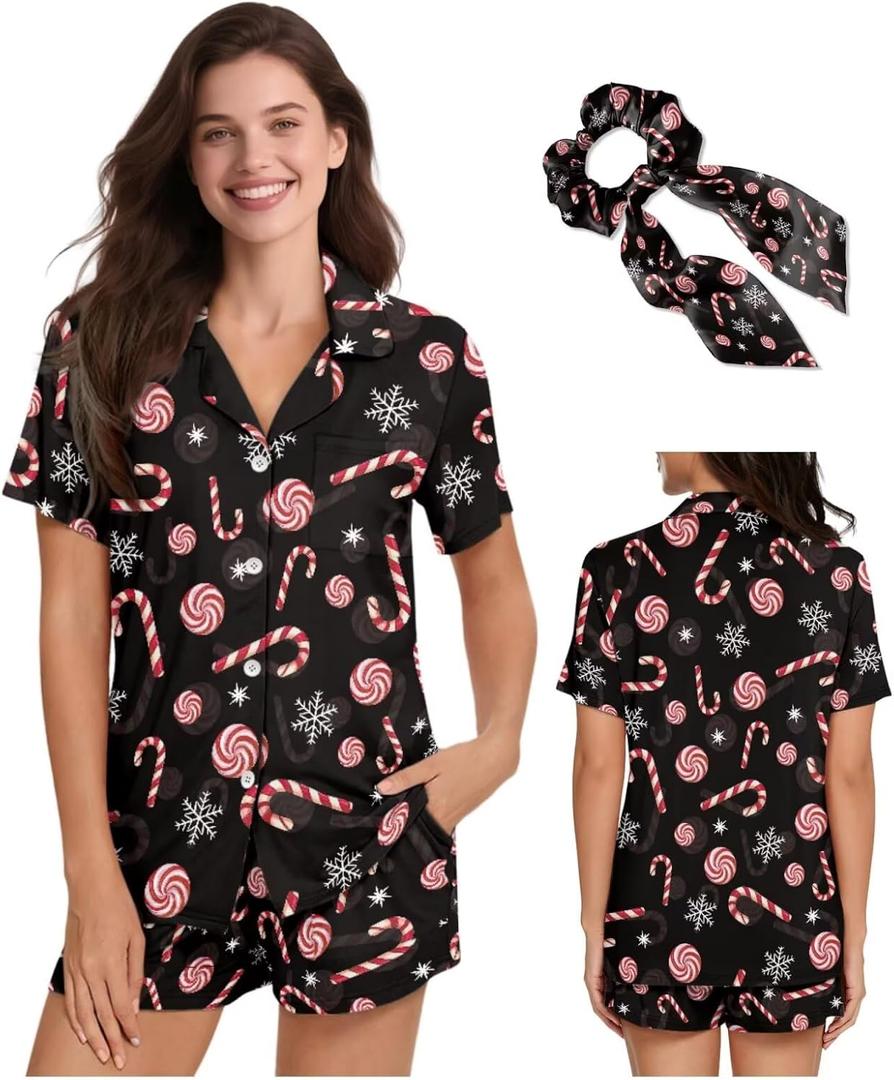 Christmas Pajamas for Women Set of 2 Pieces Button Down Pj Sets S-2XL Sleepwear Loungewear with Scrunchies