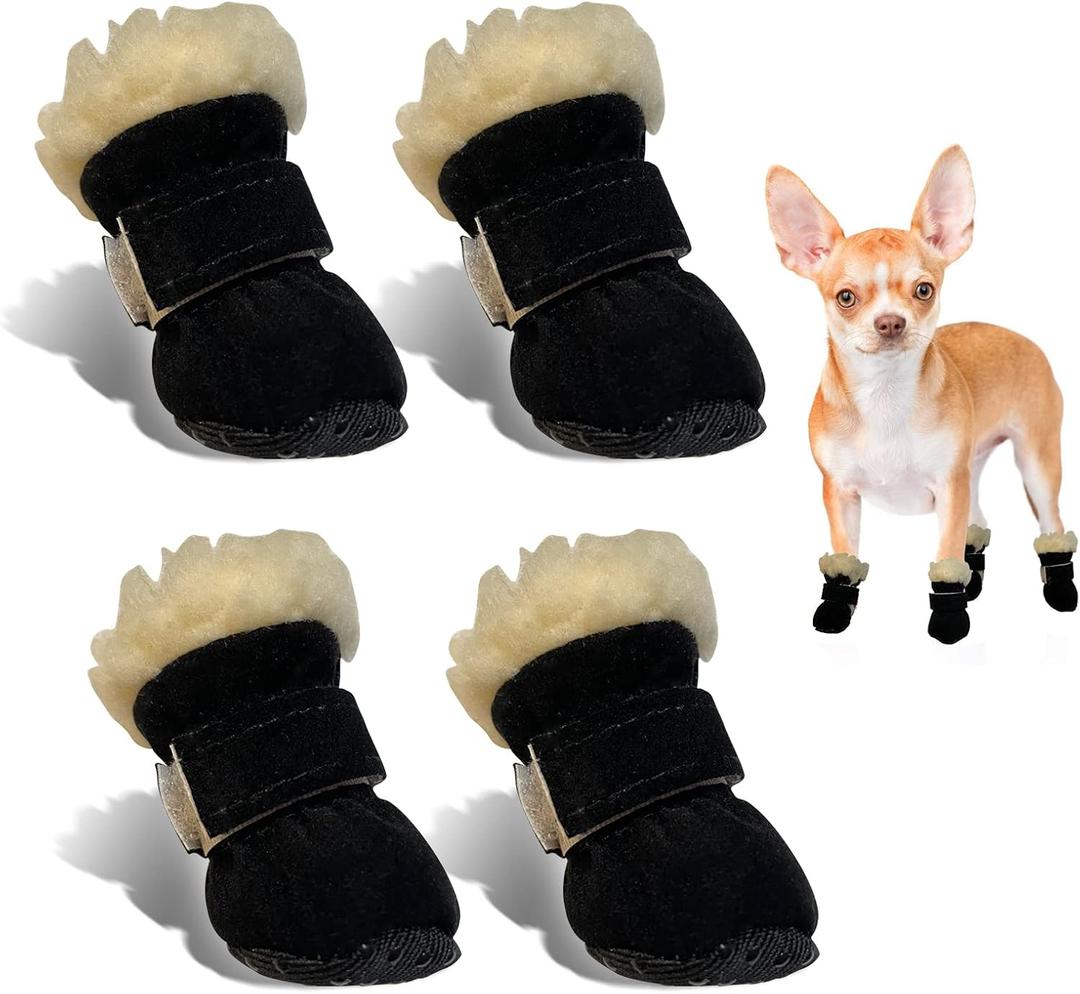 Dog Boots, Fleece Dog Shoes for Small Dogs, Anti-Slip Sole Dog Boots & Paw Protectors, Dog Winter Snow Booties for Outdoor Walking Running (S (< 4 lbs))