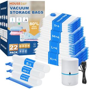 HOUSE DAY 22 Pack Vacuum Seal Bags For Clothing Travel, Vacuum Bags With Electric Pump, Vacuum Sealer Bag for Clothes, Comforters, Blankets, Pillows, Moving (4XL/4L/4M/4S/2S Roll/2XS Roll/2XXS Roll)