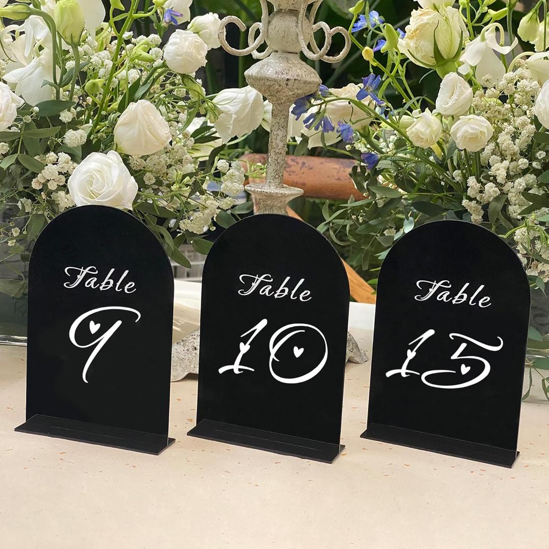 Table Numbers 1-15, Black Arched Acrylic Table Numbers with White Letters, Modern Acrylic Wedding Signs with Holder for Centerpiece, Party, Reception, Decoration