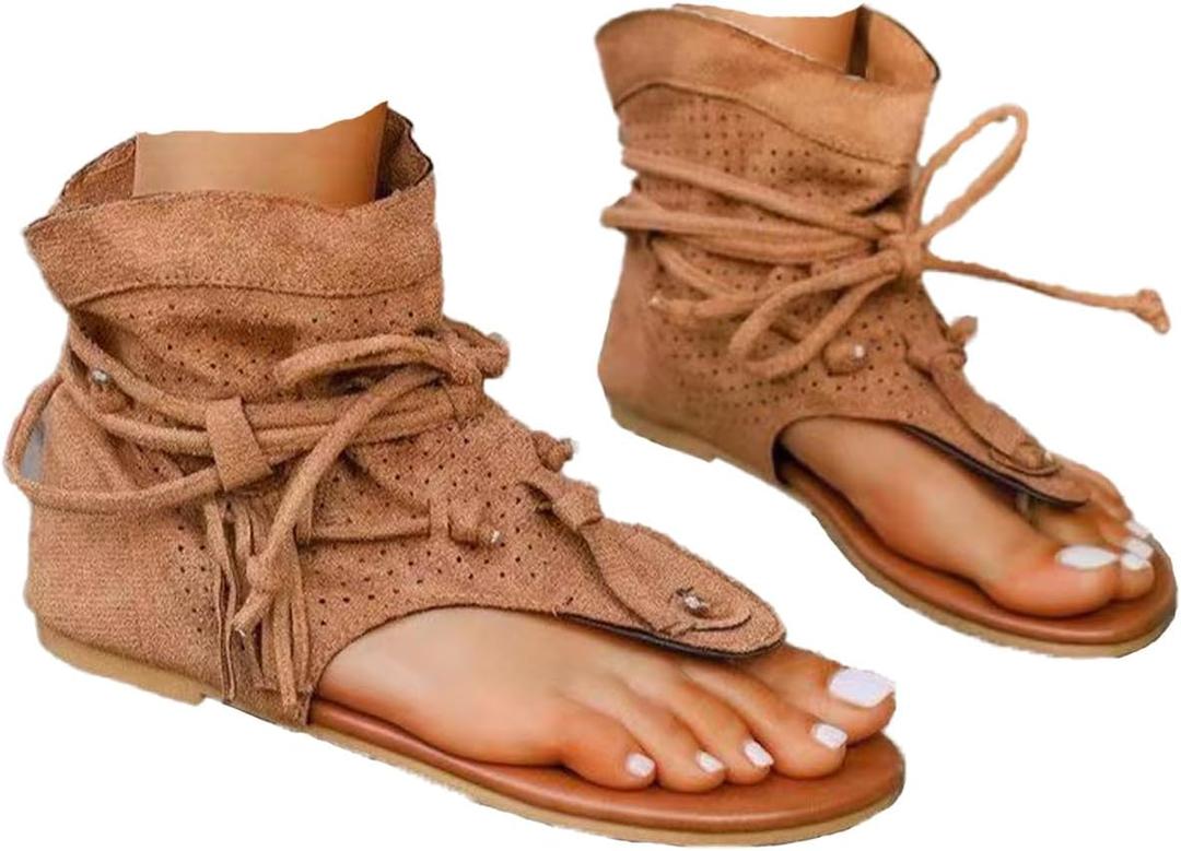 Women's Tassel Gladiator Flip Flops Sandals,Summer Retro Bohemian T-Strap Roman Open-Toe Sandals Casual Beach Flat Clip Toe Ankle Boots (8, Brown)