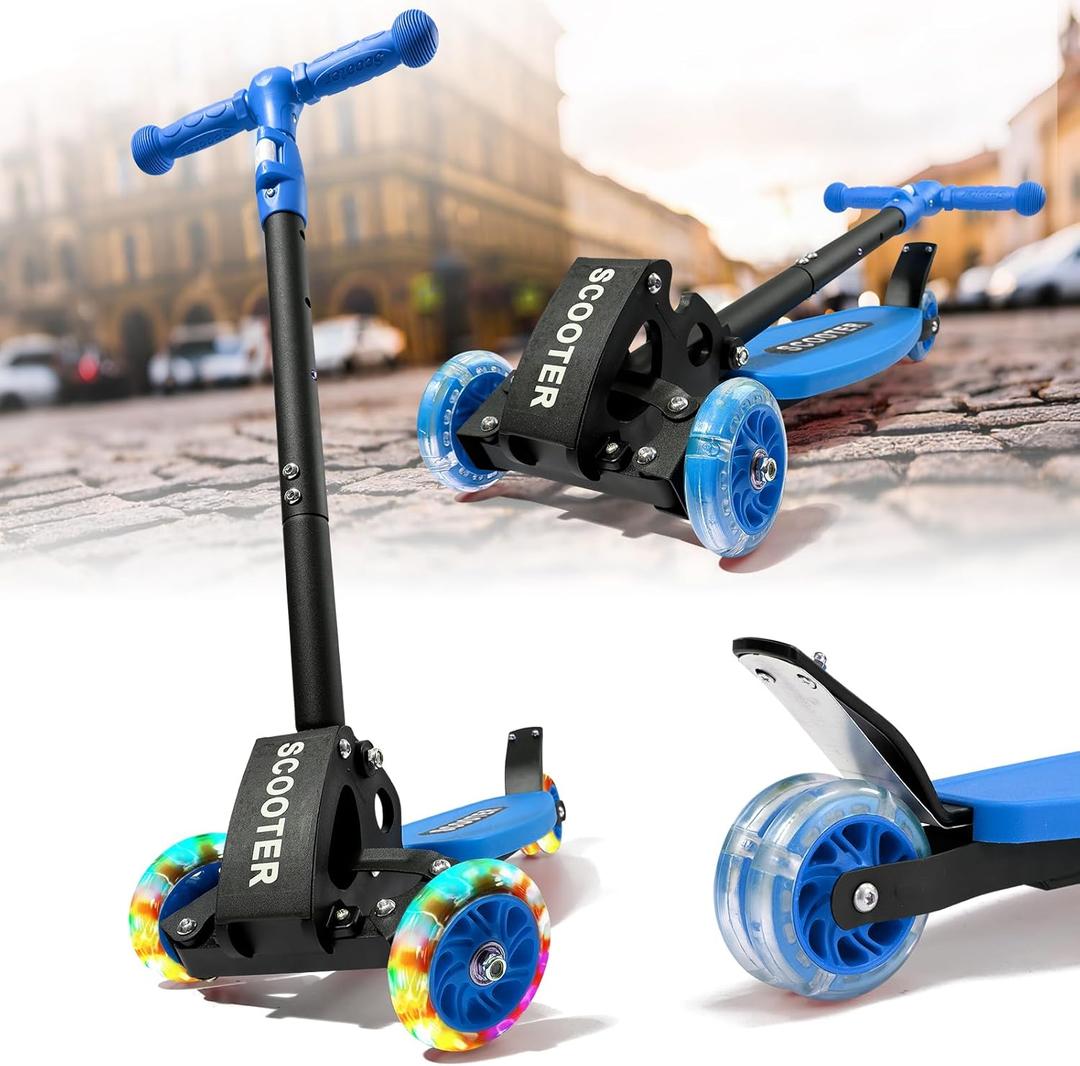 Kick Scooters for Kids 5-7 8-12,Lean to Steer,Three Wheeled Light Up,28"-32" Adjustable Handlebar,Widen Anti-Slip Deck,Floor Push Scooter for Boys Girls Ages 6-12 3-4 Old,Foldable for Travel (Blue)