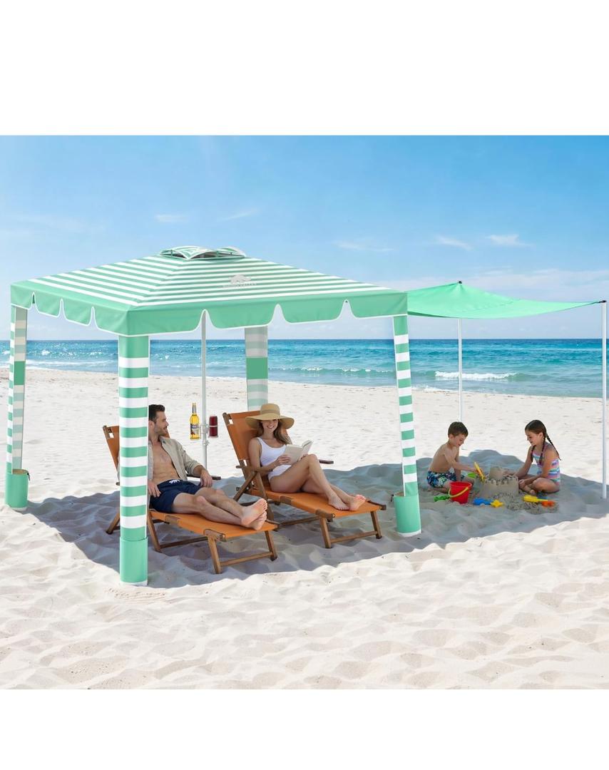 Rhino Valley Beach Cabana, 120 Sq. Ft Beach Canopy UPF50+ Protection, Easy Setup & Adjustable Height Beach Tent Sun Shelter with Cup Holder, Portable for 4-8 People, Light Green & White Stripes