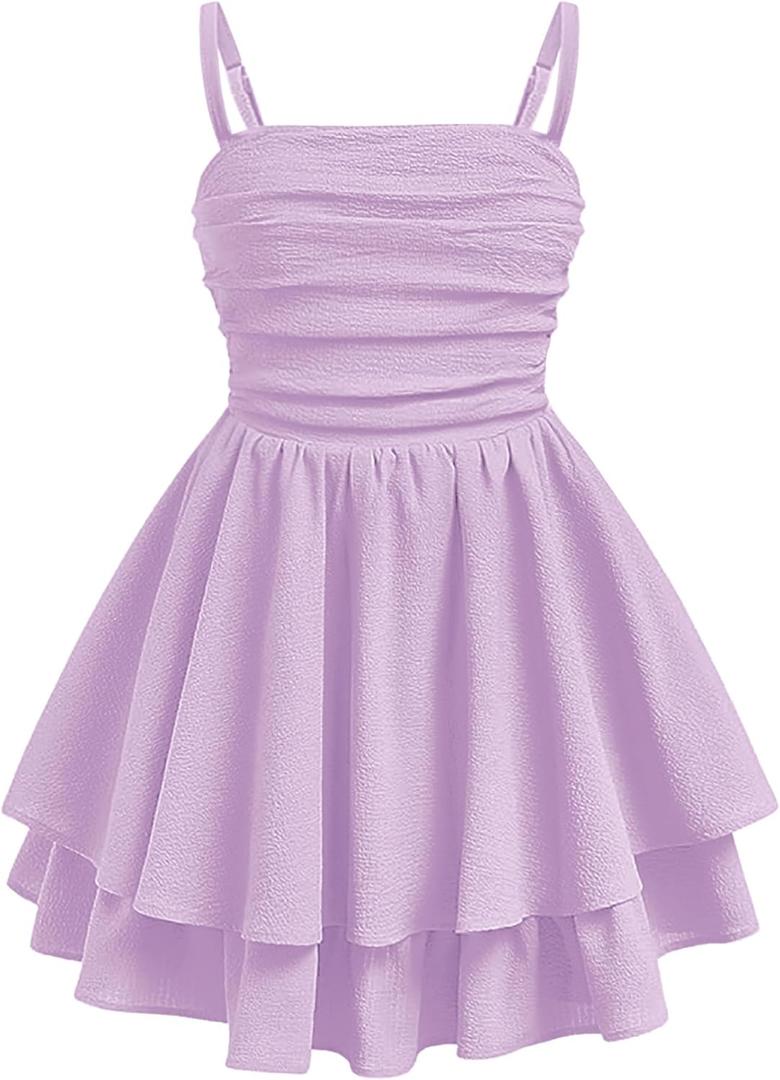 EXARUS Girls Formal Dress Teen Ruffled/Bubble Flowy Ruched Spaghetti Strap Homecoming Dance Party Tween Dresses 8-14Y (12 Years)