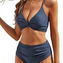 ZAFUL Twist High Waisted Bikini for Women Cross Lace Up Bathing Suit Ruched Bikini Swimsuits Tummy Control Swimwears M