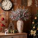 8 Pcs 25.6" Artificial Christmas Snow Flocked Pine Branches with Pine Cones Red Berries Faux Greenery Stems Winter Xmas Tree Needle Pick for Vase Filler DIY Craft Garland Wreath Home Decor