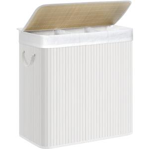 SONGMICS Laundry Hamper, 39.6 Gallons (150L), 3-Section Laundry Basket, Laundry Hamper with Lid, Bamboo, Foldable, Removable and Machine Washable Liner, for Laundry Room, Bedroom, White ULCB091W01