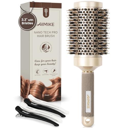 AIMIKE Round Hair Brush, Nano Thermal Ceramic & Ionic Tech, 2.1 Inch Barrel with Boar Bristles for Enhanced Texture, Golden, Hair Drying, Styling, Curling and Shine + 4 Free Clips