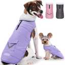 iBuddy Dog Winter Coat for Large Dogs, Easy on Dog Snow Fleece Coat Velcro Waterproof Pet Puffer Clothes with Harness Hole Adjustable Reflective Quilted Pet Cold Weather Vest Wind-poof for Girl Female (Purple)