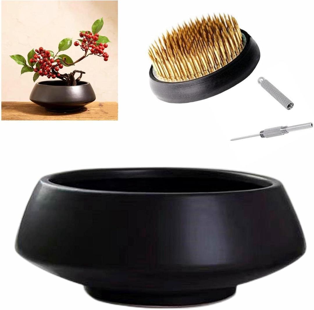 Ceramic Flower Pot Flower Arrangement Set Japanese Ikebana Floral Art Supplies Handmade Flower Bowl Decorative Flower Vase for Centerpieces (Large Black)