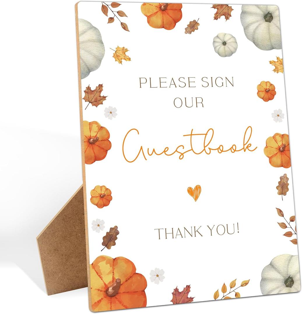 Little Pumpkin Baby Shower Table Decorations, Please Sign Our Guestbook Sign, 5.6x 7.8 Inch Fall Wooden Tabletop Signs with Stand, Fall Wedding Engagement Gender Reveal Birthday Party Decor