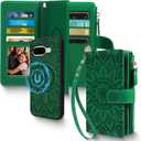 2 in 1 for Google Pixel 9/9 Pro / 10/10 Pro 6.3" Wallet Case Magnetic Compatible with Magsafe RFID Blocking Card Holder Detachable Phone Cover Zipper Purse Kickstand Strap Women Floral Green
