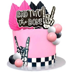 Pink Bad Two the Bone Party Decorations,Bad Two the Bone Cake Topper Rock And Roll 2nd Birthday Party Decorations Cake Decor for Rock Music Theme 2 Year Old Birthday Party
