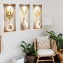 3D Vase Gold Leaf Wall Stickers, 3 Sheets Faux Vase Plant Wall Decals Peel and Stick for Modern Living Room Bedroom Office Home Decor (Gold Plant)