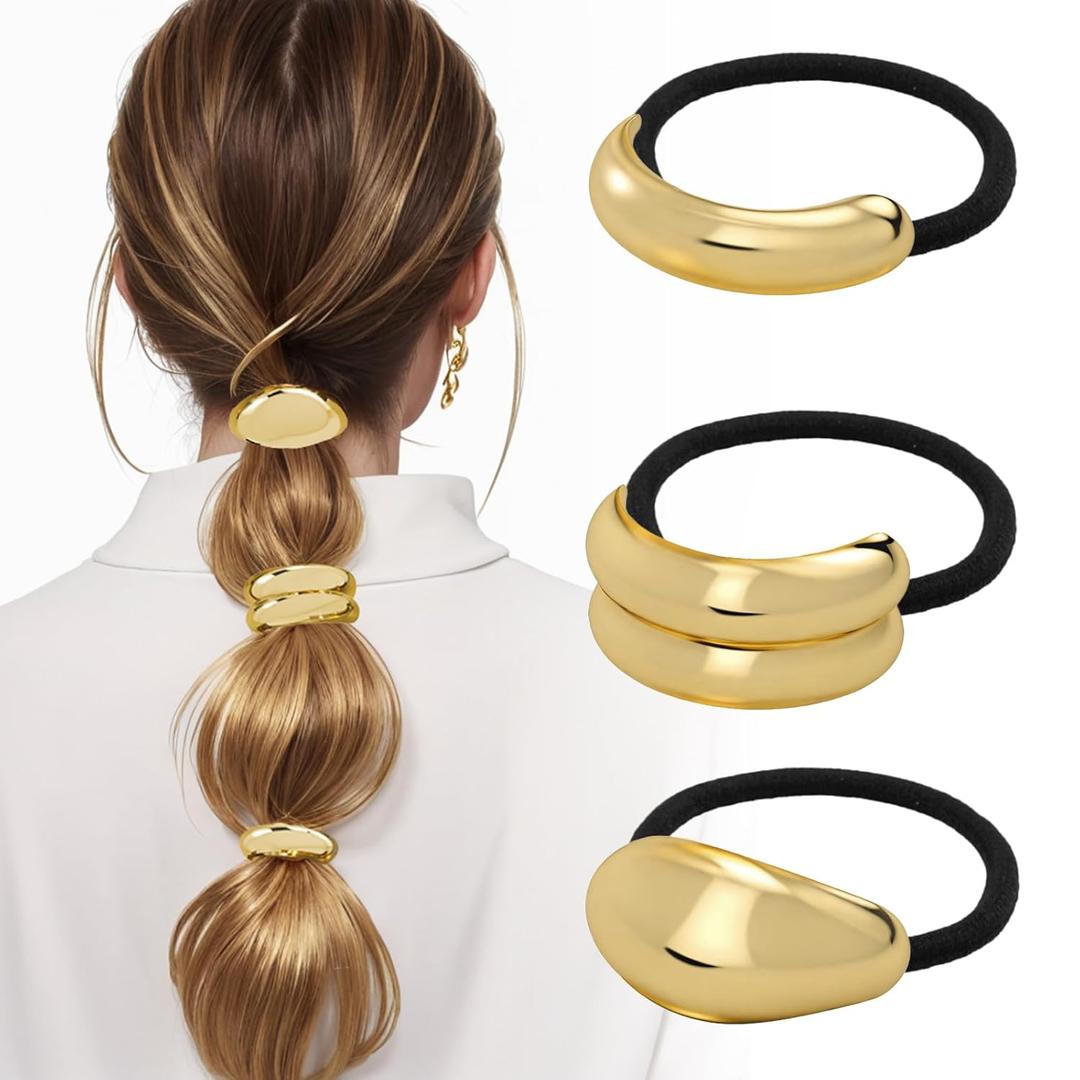 3PCS Metal Hair Tie For Women,Gold Cuffs,Metal Geometric Gold Hair Ties, Hair Accessories Stretchy and Non-Damage Ponytail Holders,Ponytail Cuff Hair Bands For Hair Styling (SET4)