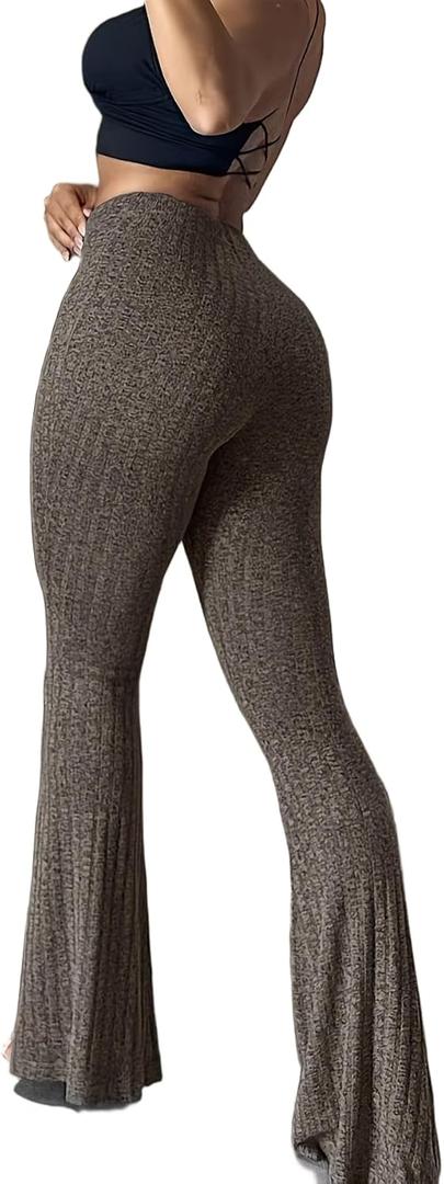 Women's High Waisted Ribbed Knit Flare Pants Stretchy Bell Bottom Trousers Butt Lift Lounge Yoga Large