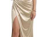 Womens Satin One-Shoulder Ruched High Slit Elegant Bodycon Maxi Evening Prom Gown Sexy Formal Dress, Champagne, Small