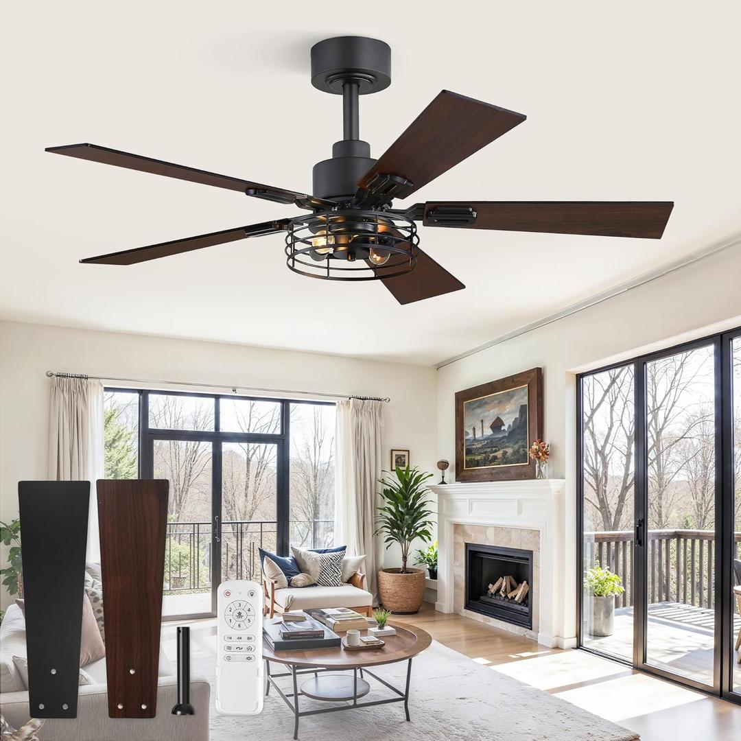 Fanbulous 1 Pack Farmhouse 42 Inch Ceiling Fans with Lights, Black Industrial Caged Ceiling Fans for Bedroom Living Room, Double-Sided 5 Blades Rustic Ceiling Fan