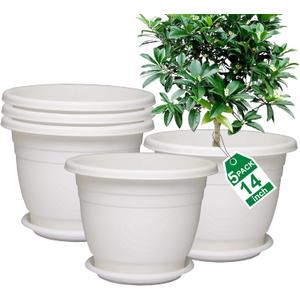 5 Packs 14 inch Flower Pots + Saucer, Planters for Indoor & Outdoor Plants with Drainage Holes | Plastic Flower Pots, Large Planter (White, 14 inch)