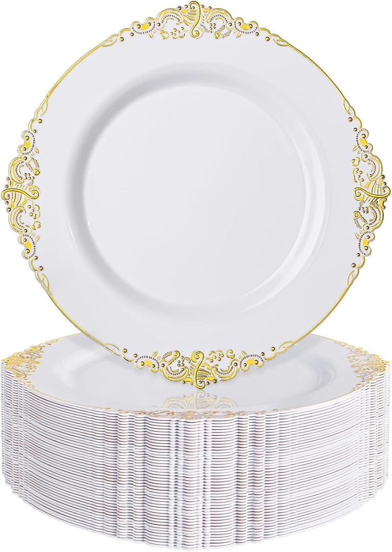Nervure 100PCS White and Gold Plastic Plates - 10.25Inch Gold Disposable Plates - Heavyweight Dinner Plates for Wedding & Party & Thanksgiving