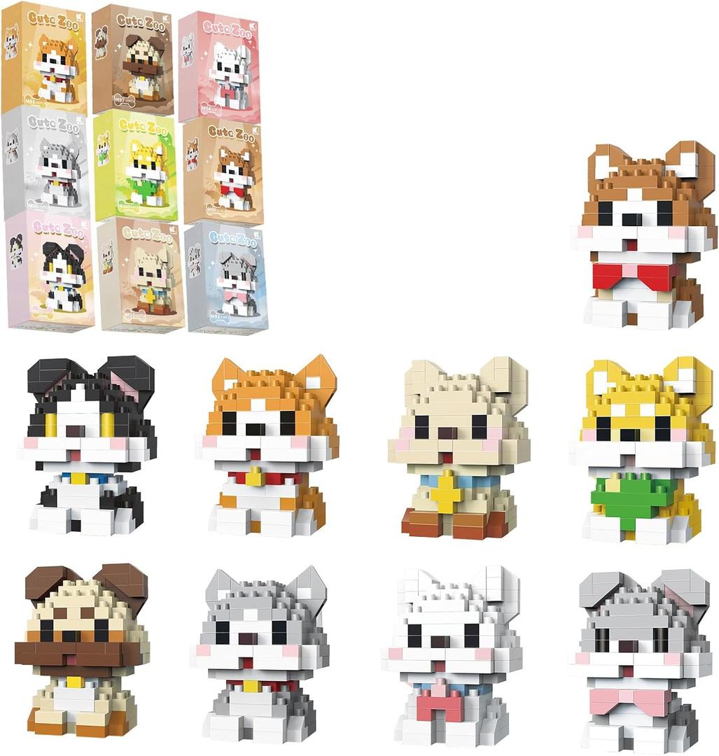 QISHOUTING 9 Packs Mini Dogs Building Blocks for Kids 6 7 8 9 Years Old, 9 Styles Small Cute Dog Building Set,Miniature Dog Figurine Toys for Adults Women,Birthday Party Favors Stocking Stuffers