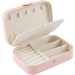 Neveika Travel Jewelry Box, PU Leather Small Jewelry Organizer for Women Girls, Double Layer Portable Mini Travel Case Display Storage Holder Boxes for Stud Earrings, Rings, Necklaces, Bracelets (Pink)